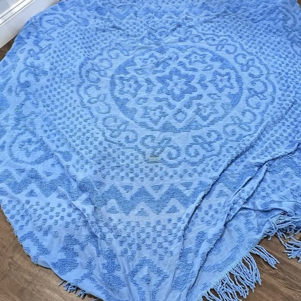 Vtg Sears Blue Medallion Chenille Bedspread Fringe Lightweight AS IS Cutter